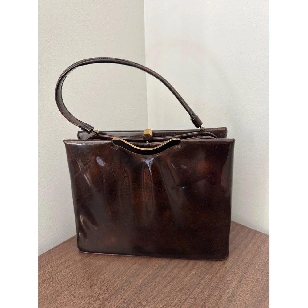 Vintage Lewis Tortoise Shell Patent Leather Handbag 1950s 60s Top Handle Bag